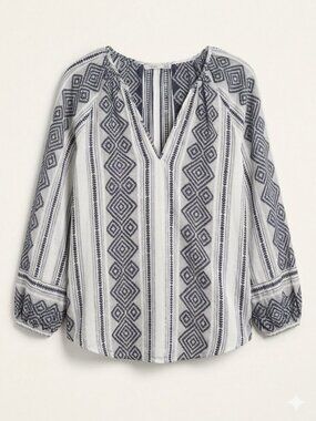 Black Tape Geometric Jacquard Boho Peasant Blouse -Size M-NWOT